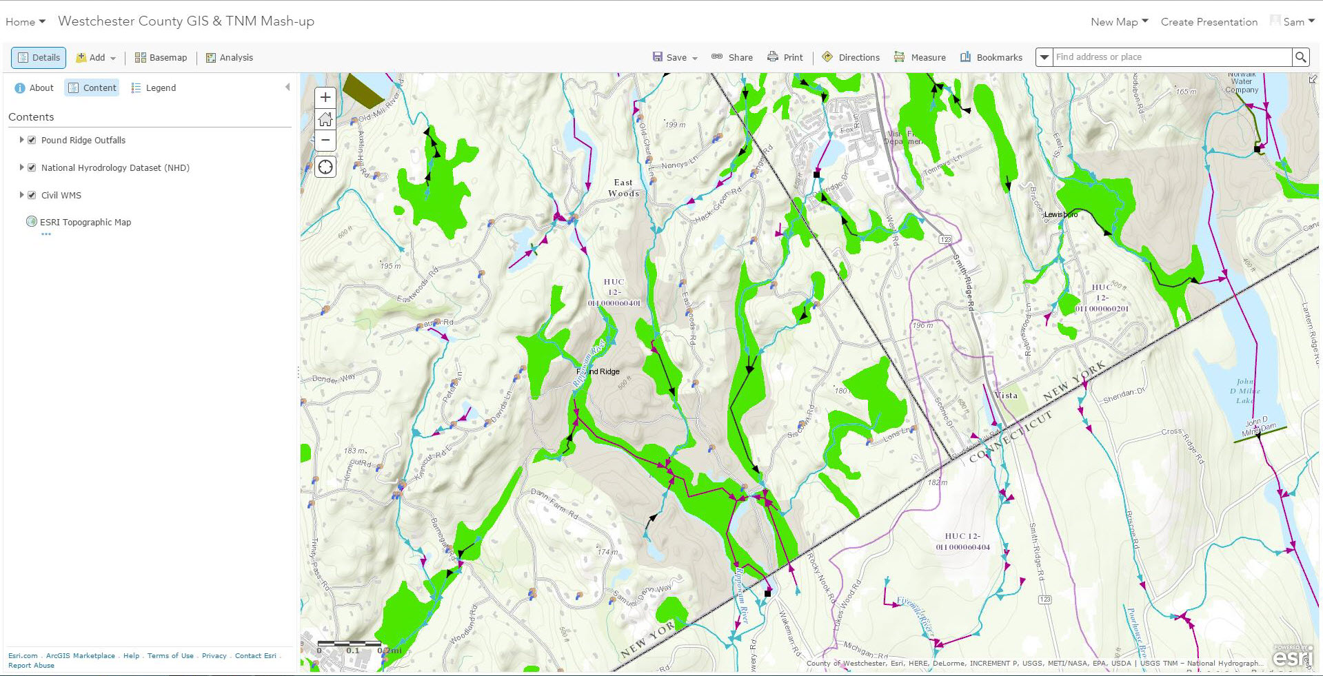 Using the ArcGIS Online Viewer, users can “mash-up” map services from different sources. This example includes a WMS service being published by Westchester County GIS (highlighting wetlands in green), storm water outfalls in the Town of Pound Ridge (adjacent the State of Connecticut border), and hydrology flow data from an NHD map service published through the National Map.