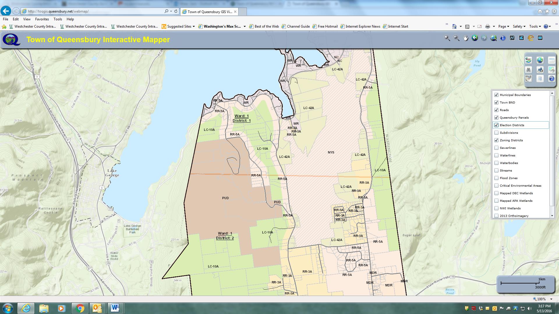 Parts of the Town of Queensbury is actually within the Adirondack Park and therefore subject to stringent land use regulations. This image highlights zoning districts on the southeastern shore of Lake George – within the park boundaries.