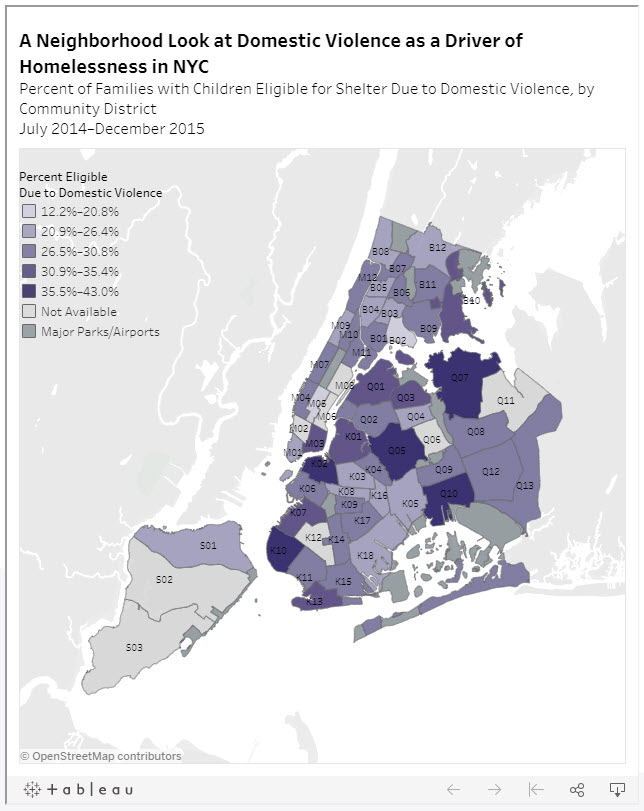 Espatially New York Pers!   pectives On The Geospatial Community In - percent of families with children eligible for shelter due to domestic violence by community district july 2014 december 2015 data source nyc department